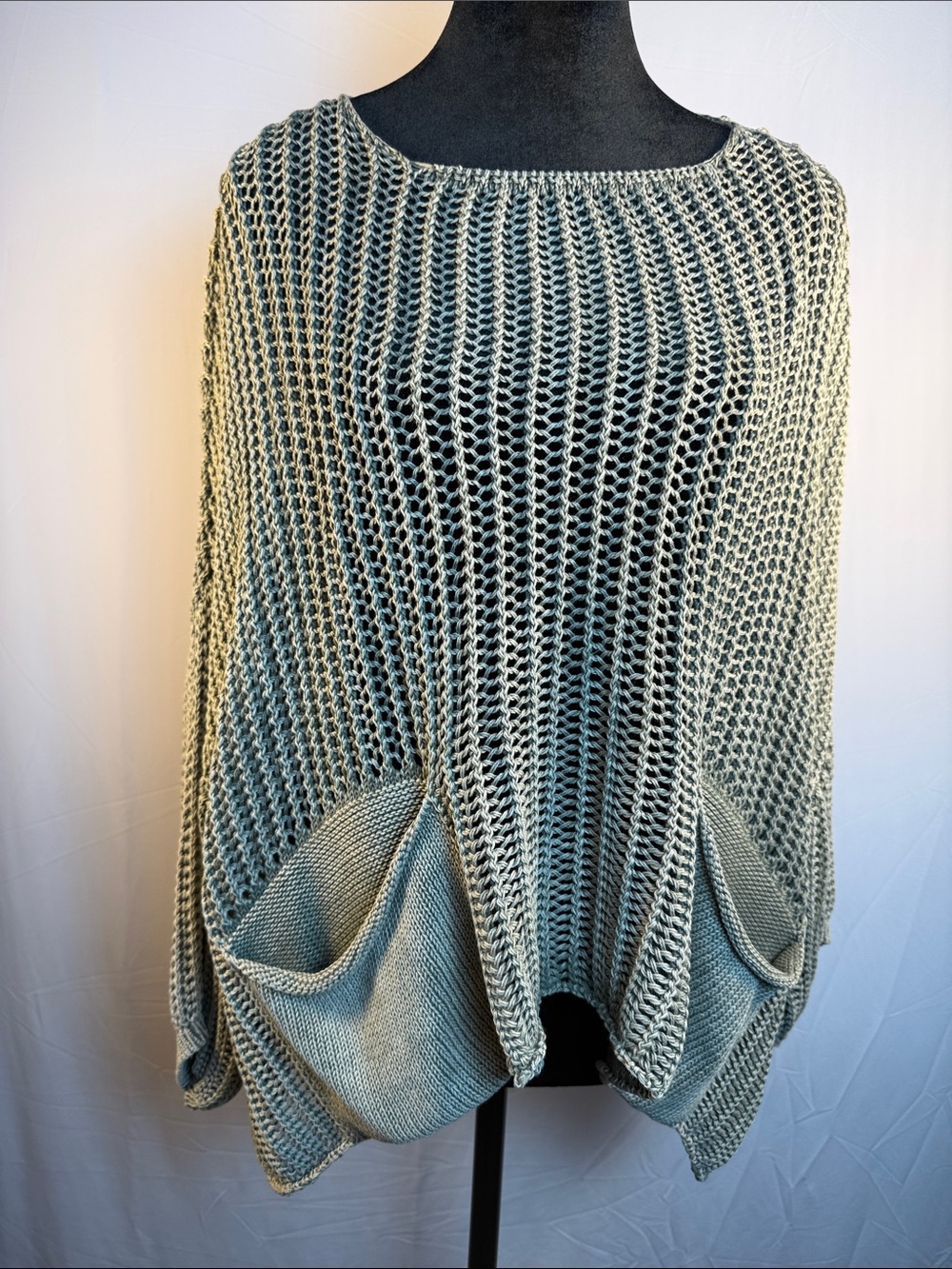 Tempo Paris Sage Cotton Open-Knit Pocket Poncho Sweater
